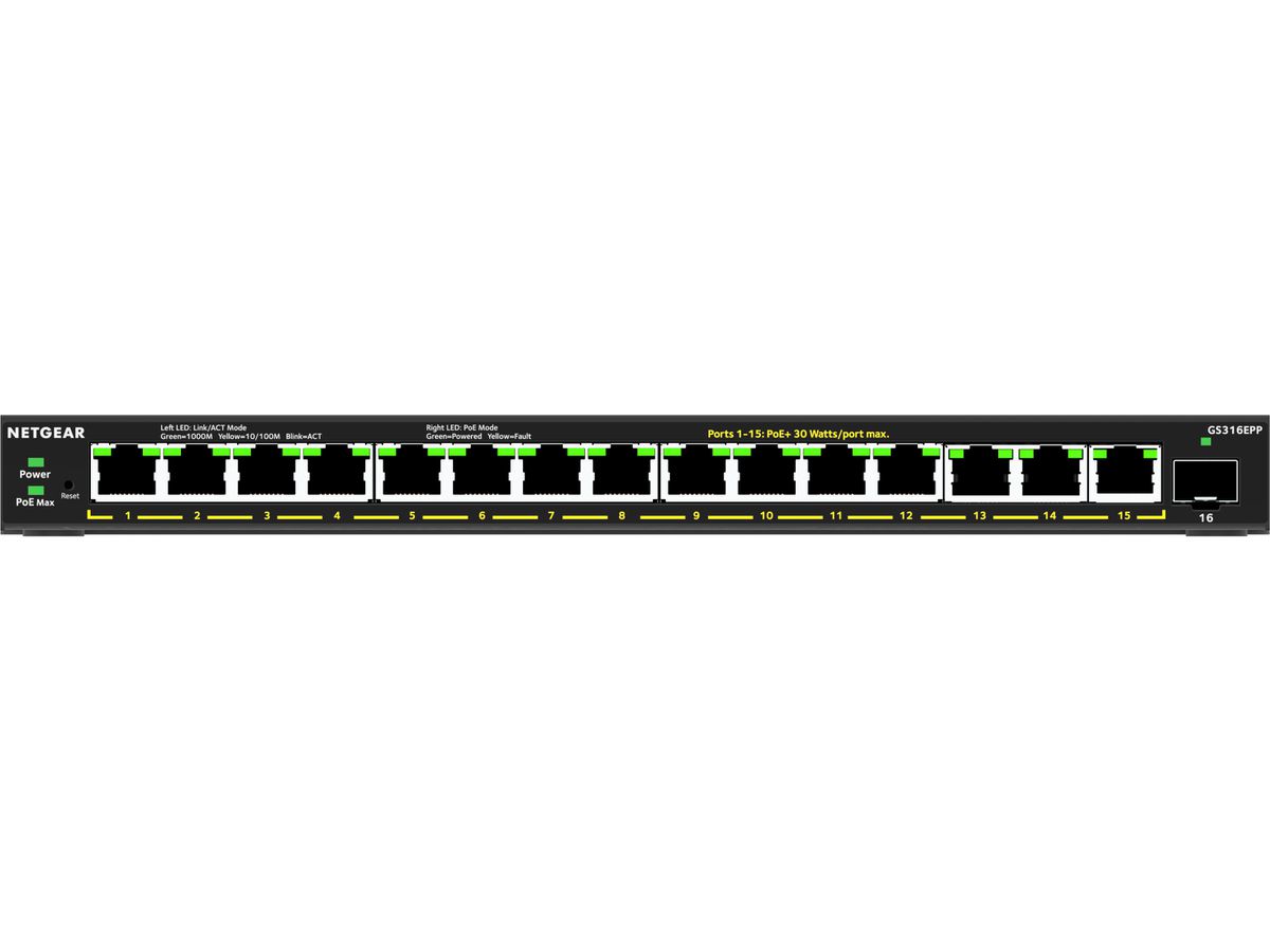 NETGEAR 16-Port High-Power PoE+ Gigabit Ethernet Plus Switch (231W) with 1 SFP port (GS316EPP) Managed Gigabit Ethernet (10/100/1000) Power over Ethernet (PoE) Schwarz