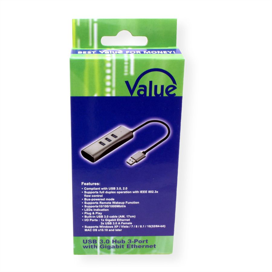 VALUE USB-A zu Gigabit Ethernet Konverter + Hub