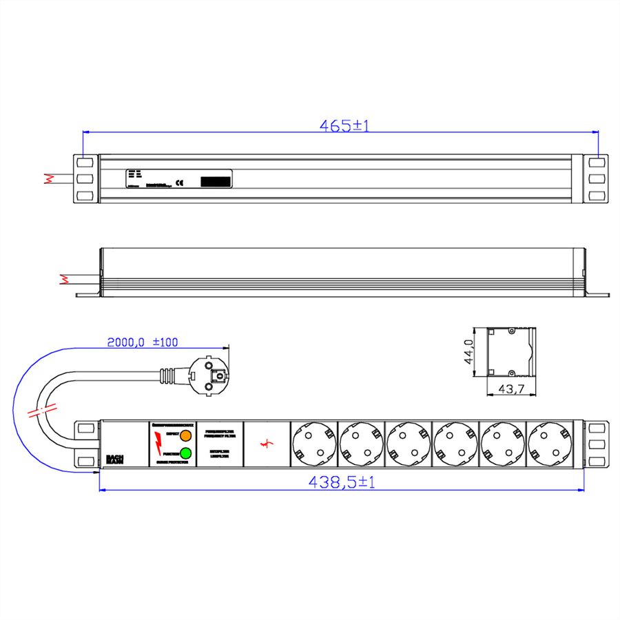 BACHMANN 19" Steckdosenleiste 6-fach mit GVS ohne Schalter