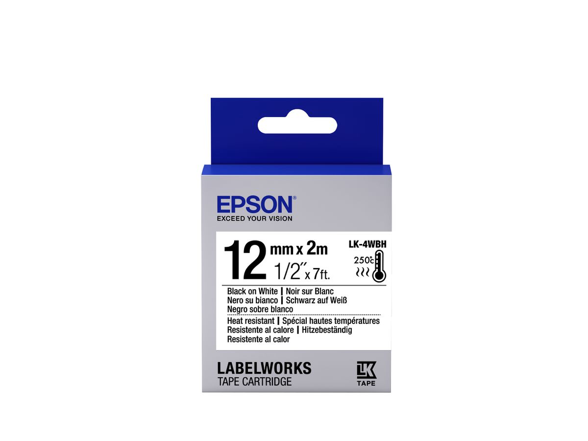 Epson Etikettenkassette LK-4WBH - Hitzebeständig - schwarz auf weiß - 12mmx2m Etiketten erstellendes Band