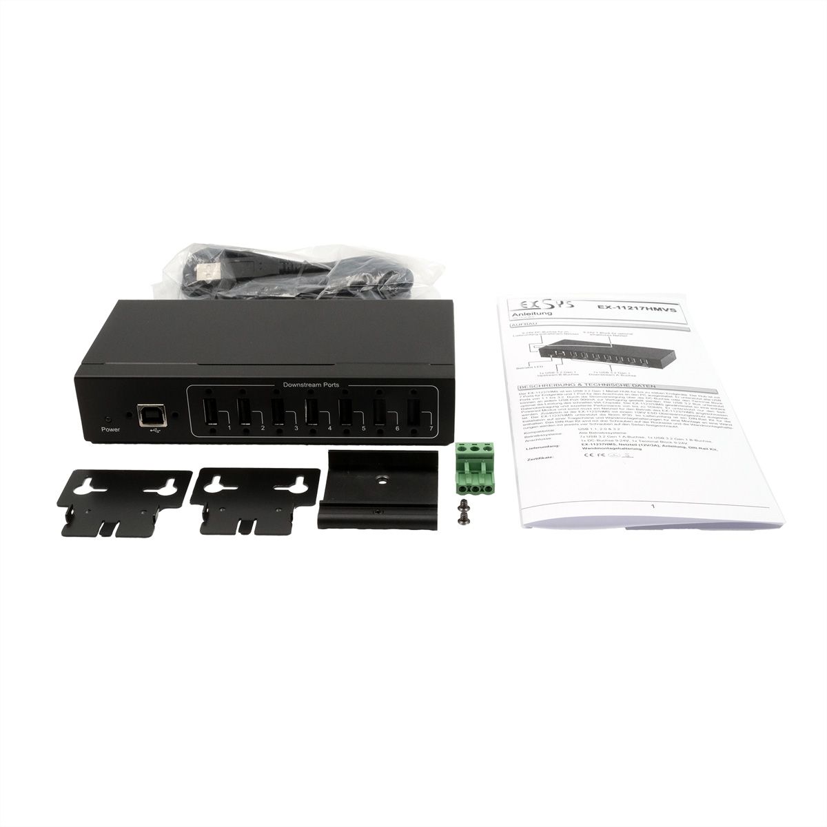 EXSYS EX-11217HMVS 7 Port USB 2.0 Metall HUB mit Netzteil 5V/2A Genesys Chipset