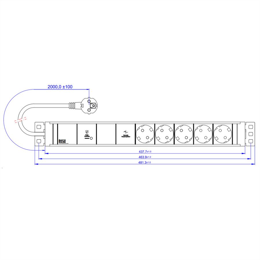 BACHMANN 19" 1,5HE 5xCEE7/3 1xGVS-Plus 2,0m CEE7/7