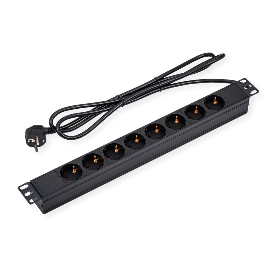 VALUE 19-Zoll-Steckdosenleiste 8fach, 1 HE, Schutzkontakt-Stecker, 2,8 m