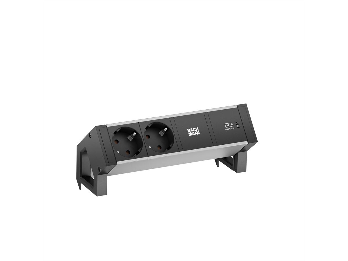 BACHMANN DESK2 ALU BLACK 2xSchutzkt.USBC, USB Charger 30W 0,2m GST18