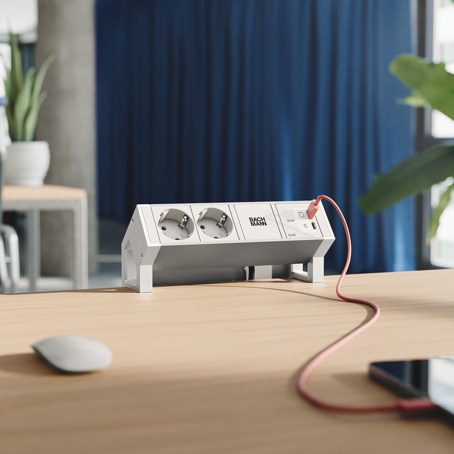 BACHMANN DESK2 ALU WHITE 2xCEE7/3, 1xUSB C/C 45W L=0,2m RAL9010