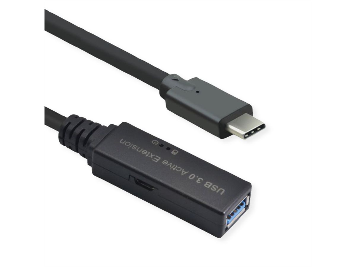 ROLINE USB 3.2 Gen 1 Aktives Repeater Kabel, Typ A - C, schwarz, 10 m