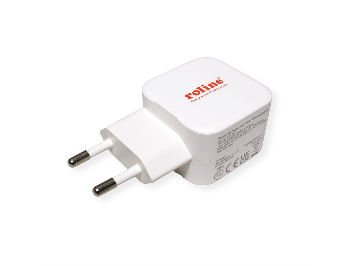 ROLINE USB Charger mit Euro-Stecker, 2 Port (Typ-A QC3.0, Typ-C PD), 20W