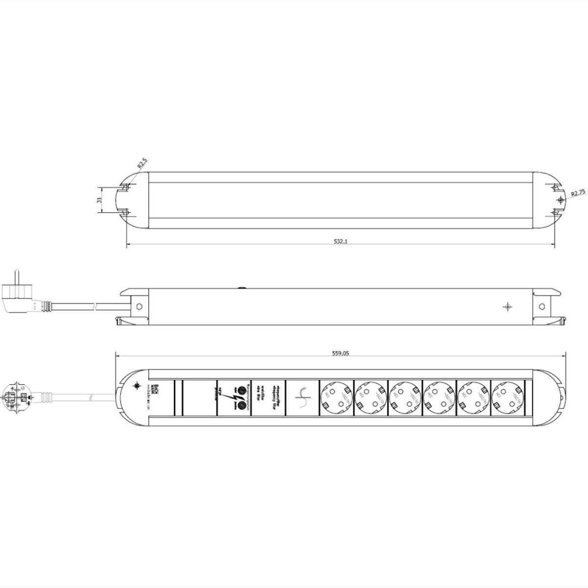BACHMANN PRIMO Steckdosenleiste 6x Schutzkontakt Aluminium Gerätevollschutz, 1,75 m
