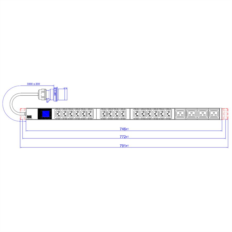 BACHMANN BN0500 19" PDU 1HE 16xC13 4xC19, Leistungsmessung, Anschluss CEE 16A, blau