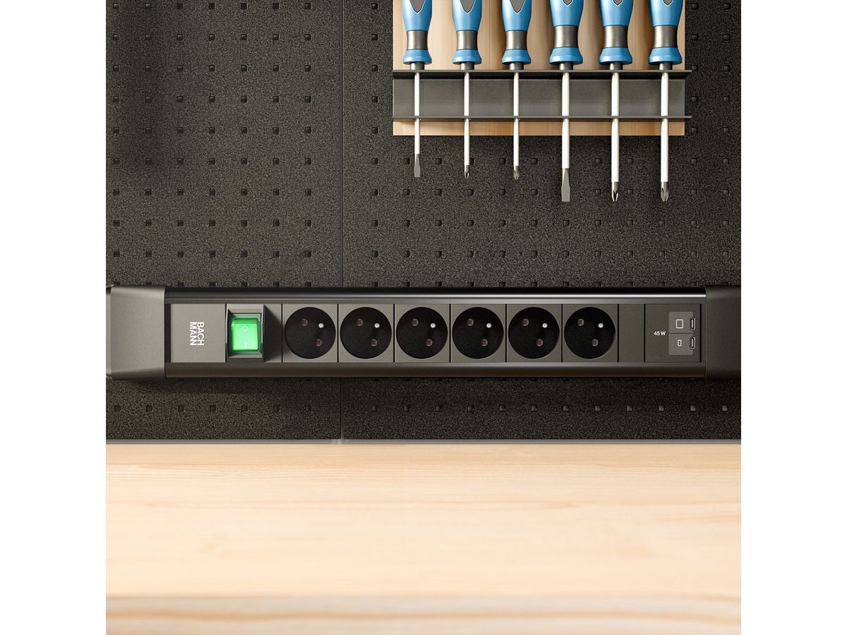 BACHMANN CONNECTUS 6xUTE 1xSchalter, 1xUSB C/C 45W L=2,0m CEE7/7 schwarz
