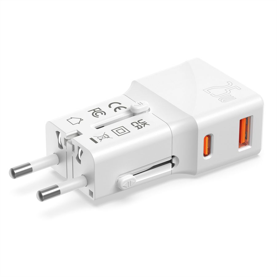 VALUE USB Reise-Charger mit Euro-Flach-/UK-/US-Stecker, 2 Port (Typ-A QC3.0, Typ-C PD), 25W