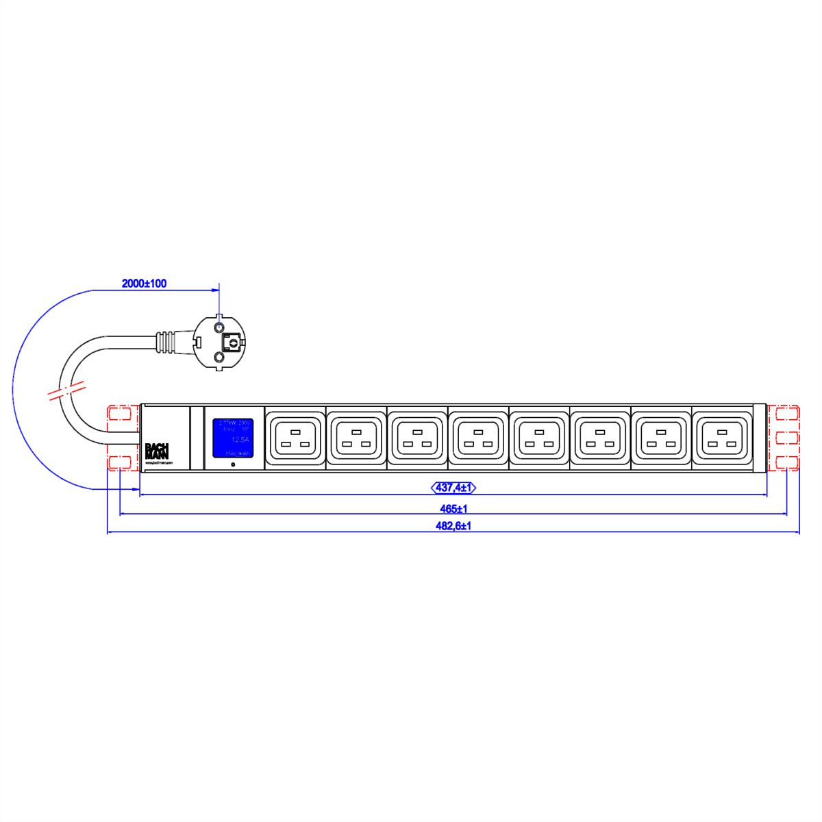 BACHMANN BN0500 19 Zoll 1HE 8xC19, Strom 2,0m CEE7/7