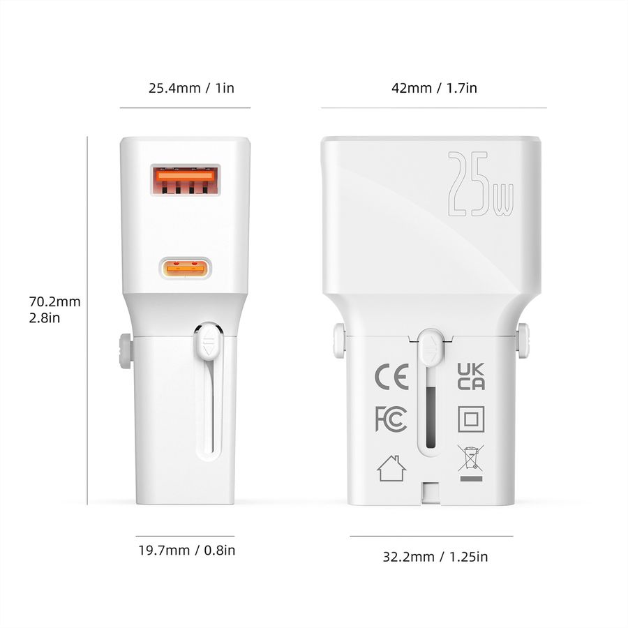 VALUE USB Reise-Charger mit Euro-Flach-/UK-/US-Stecker, 2 Port (Typ-A QC3.0, Typ-C PD), 25W