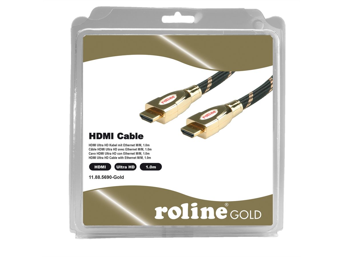 ROLINE GOLD HDMI Ultra HD Kabel mit Ethernet, ST/ST, Retail Blister, 1 m