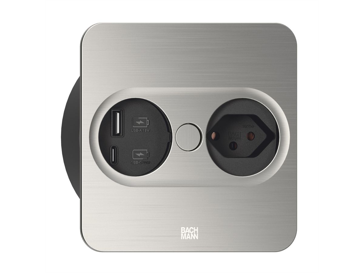 BACHMANN TWIST2 1xCH 1xUSB A/C 22W, L=2,0m AEH T12 Edelstahl-Optik eckig