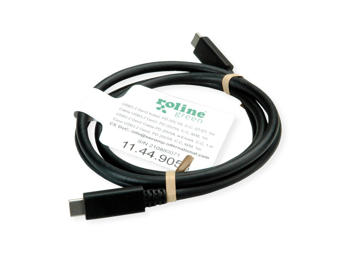 ROLINE GREEN USB 3.2 Gen 2 Kabel, Emark, C-C, ST/ST, 10Gbit/s, 100W, schwarz, 1 m