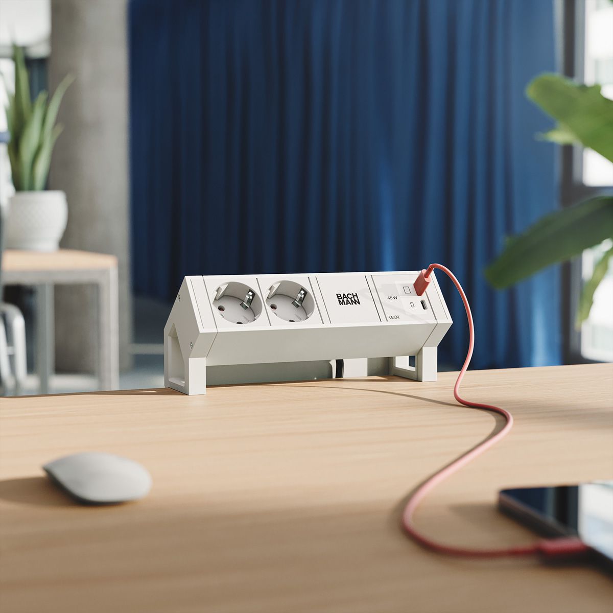 BACHMANN DESK2 PURE WHITE 2xCEE7/3, 1xUSB C/C 45W L=0,2m RAL9010