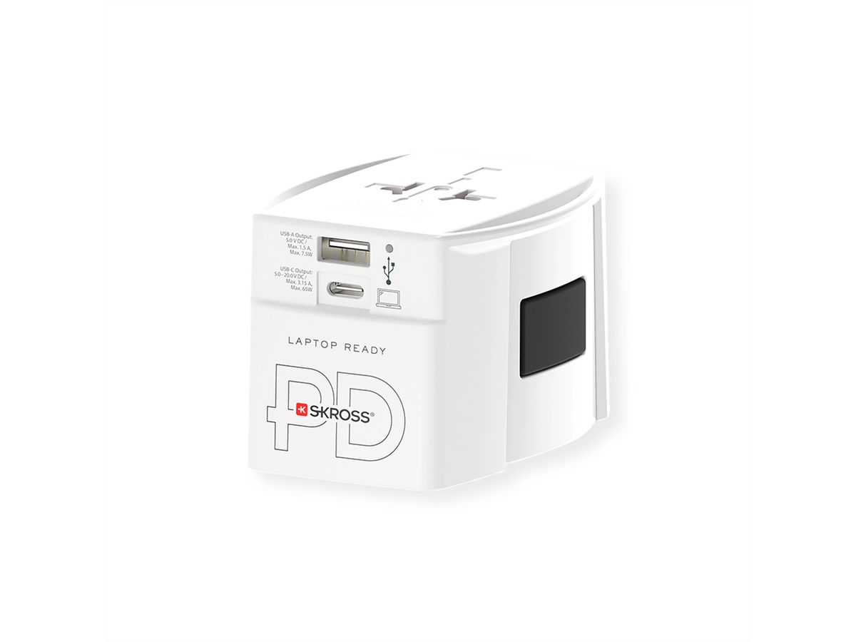 Skross MUV USB A/C 65PD Reiseadapter mit USB-C Kabel, Weltweit