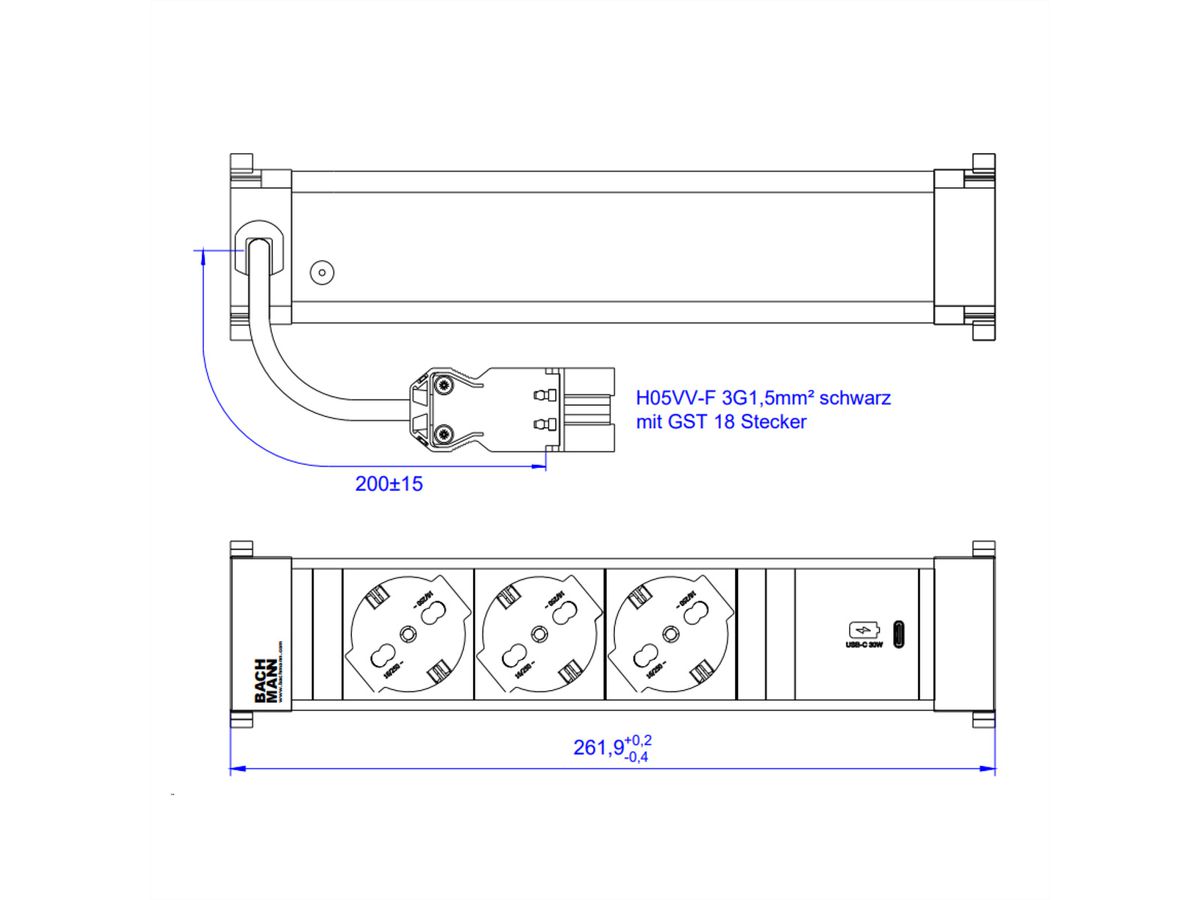BACHMANN POWER FRAME M 3xP40, 1xUSB C 30W 0,2m GST18 Italia