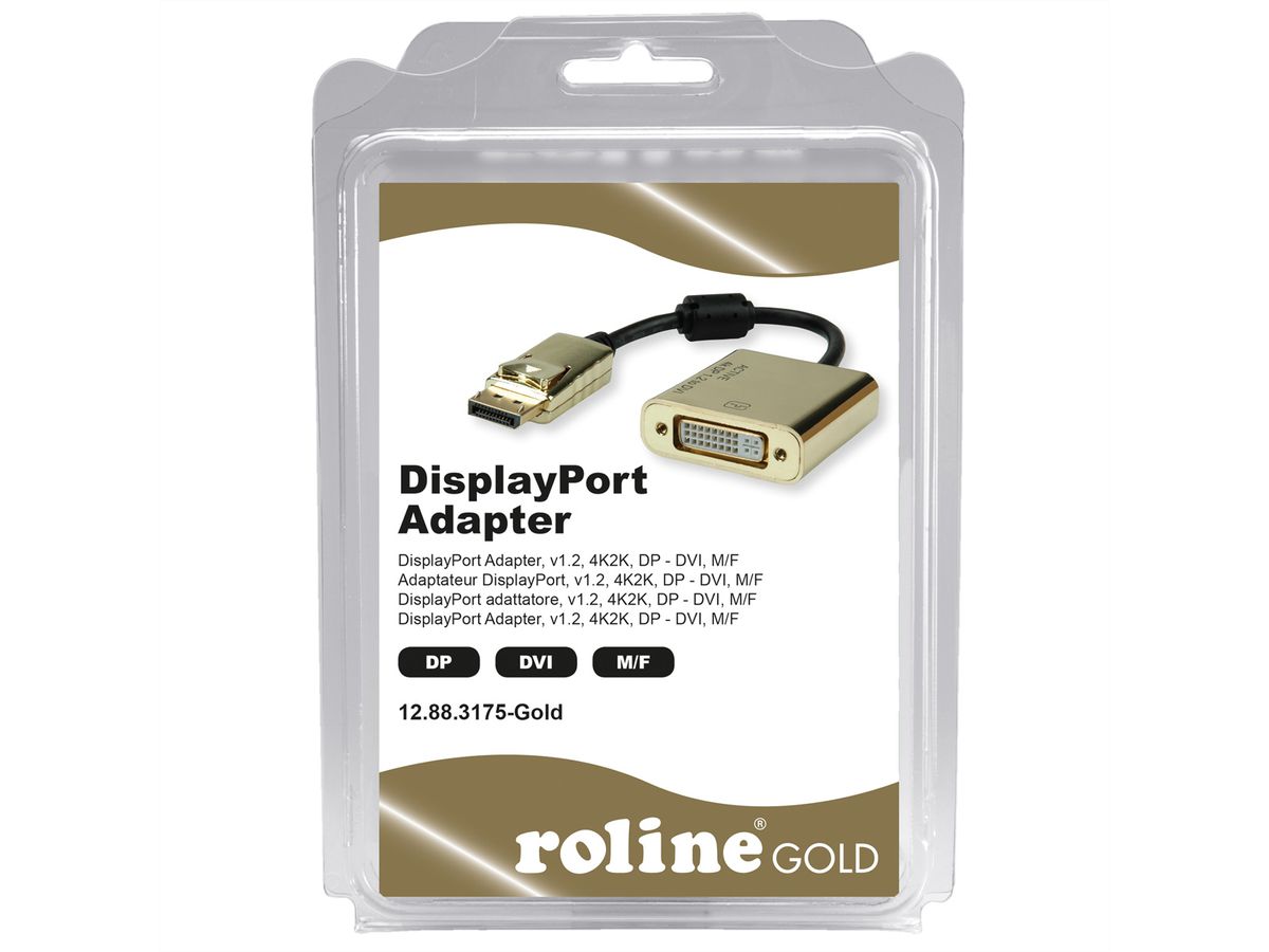 ROLINE GOLD 4K DP-DVI Adapter, Aktiv, v1.2, DP ST - DVI BU, Retail Blister