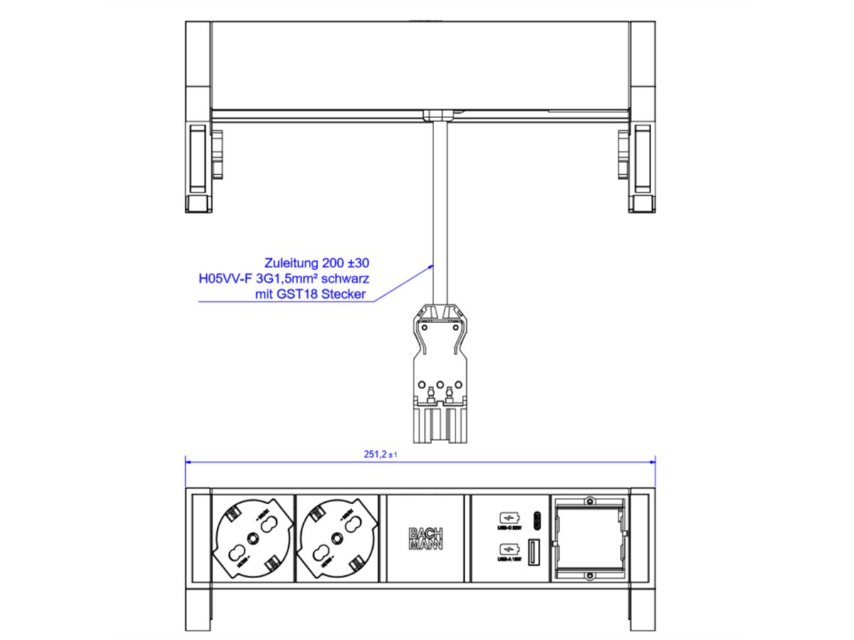 BACHMANN DESK2 2xP40 1xUSB A/C 22W 1xCM, 0,2m GST18 INOX Italia
