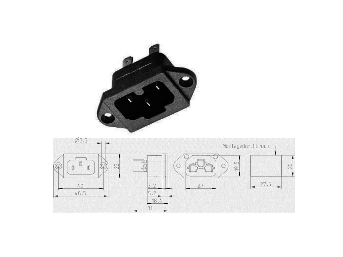 BACHMANN Heissgeräteinbaustecker IEC320 C15A, C16A mit Schraubanschlüssen, schwarz