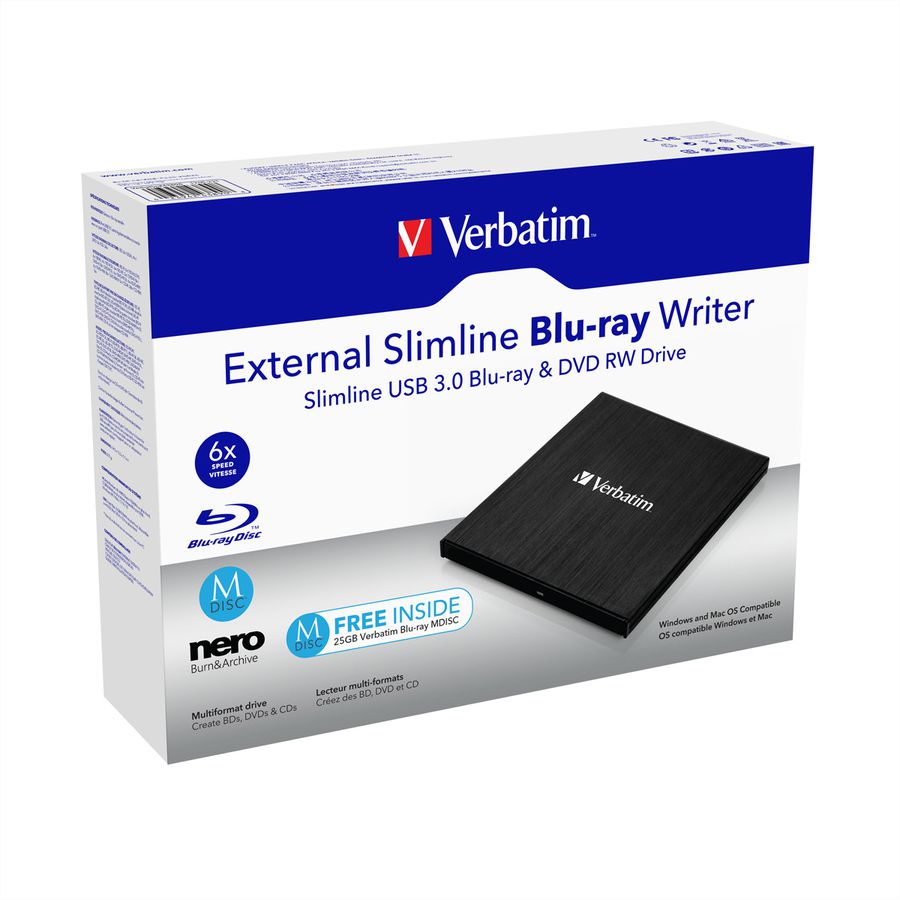 VERBATIM Blu-Ray Recorder, BDXL, USB 3.0, 6x/8x/24x, Slimline portable