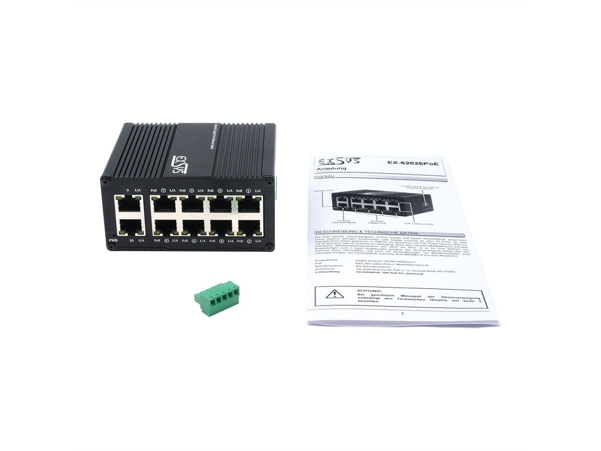 EXSYS EX-62026PoE 10-Port Industrie-Ethernet-PoE-Switch,  8 x PoE + 2-Port 10/100/1000Tx