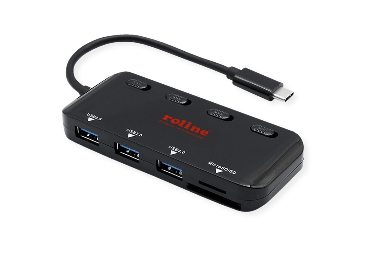 ROLINE USB 3.2 Gen 1 Hub, 3fach, Typ C Anschlusskabel, mit CardReader, Ports einzeln schaltbar