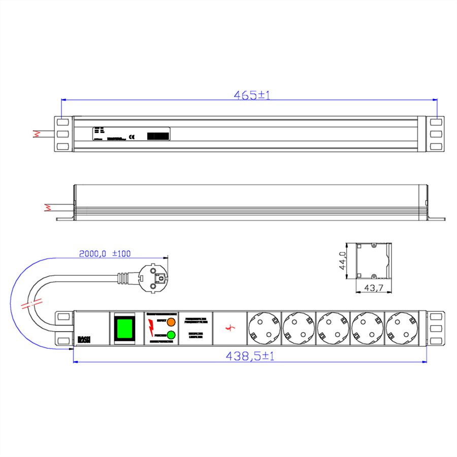 BACHMANN 19" Steckdosenleiste 5-fach mit GVS mit Schalter