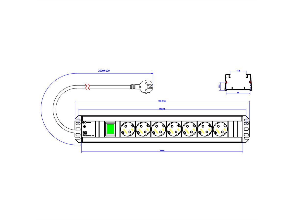 BACHMANN Handwerkerleiste 7x Schutzkontakt, Schalter, 19-Zoll-Rack kompatibel, 2 m