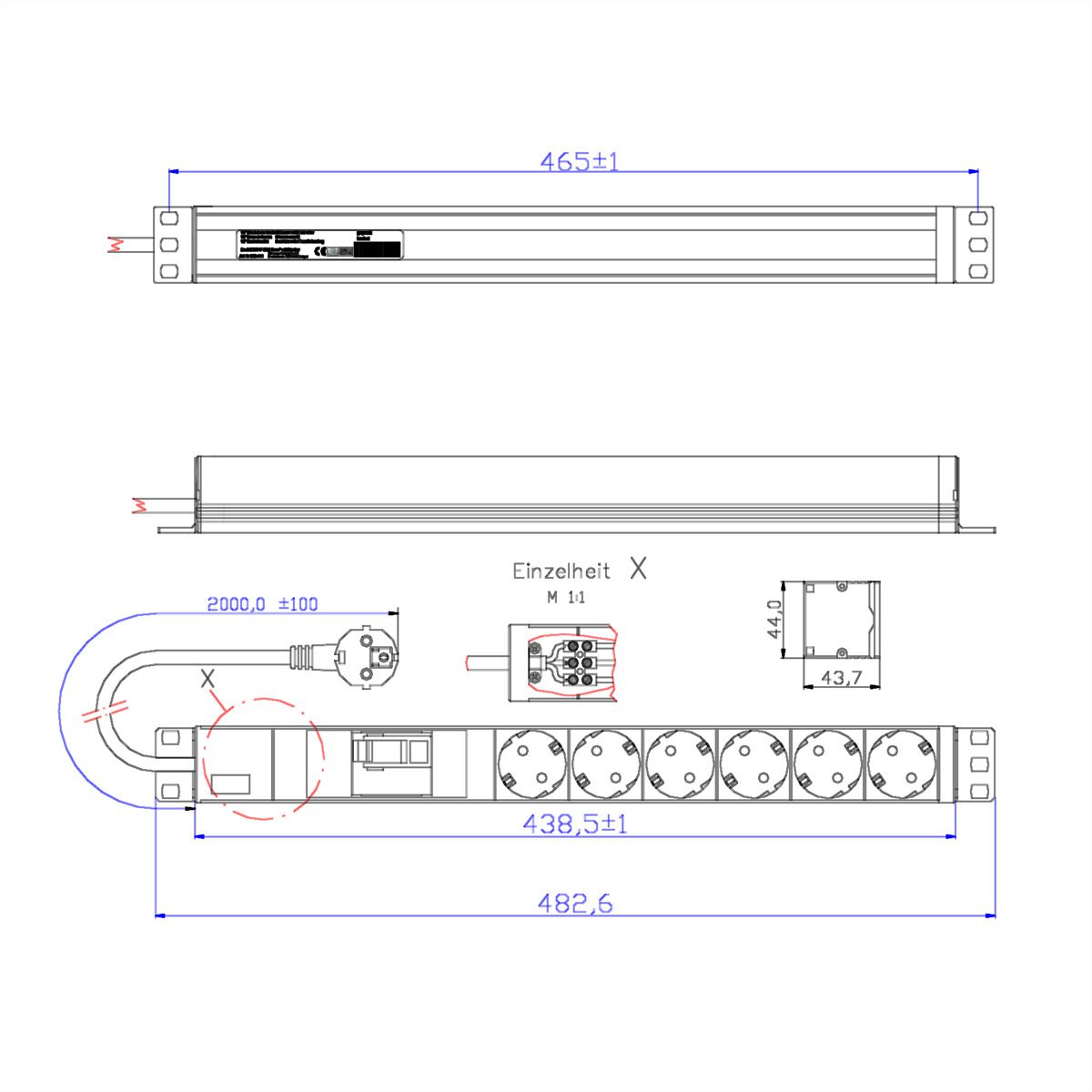 BACHMANN 19" 1HE 6xCEE7/3 1xFI Strom 2,0m CEE7/7