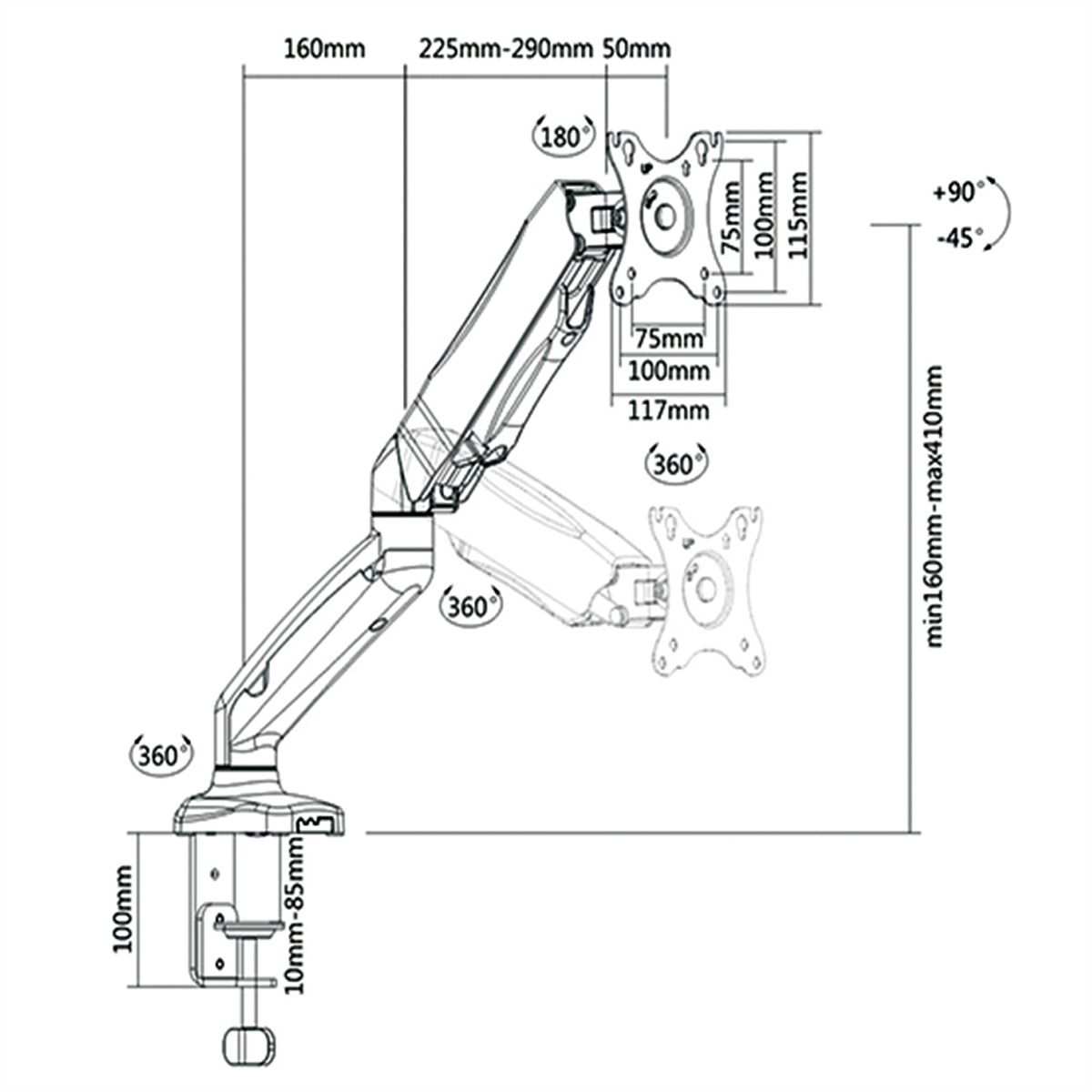 VALUE LCD-Arm, Tischmontage, Gasfeder, 5 Gelenke, 13-27 Zoll, bis 6,5 kg, schwarz