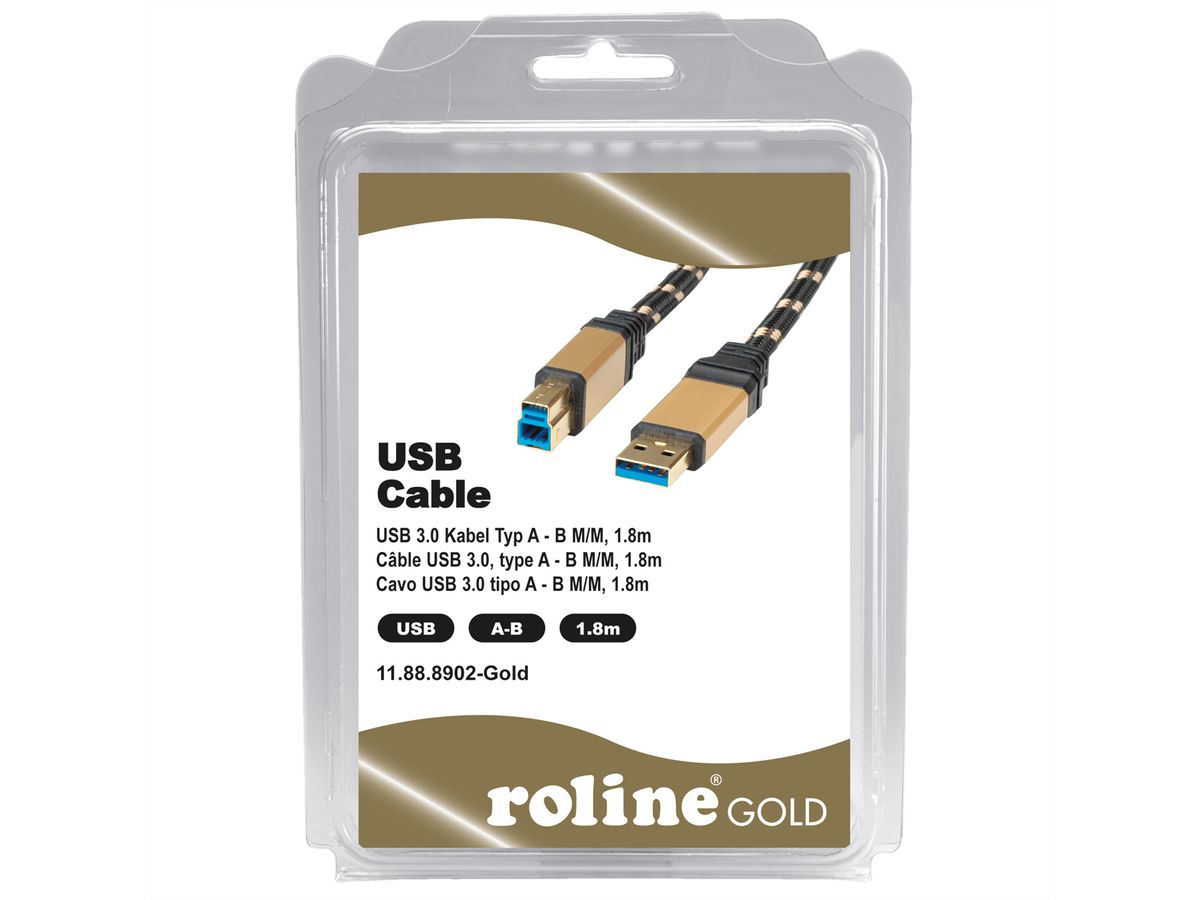 ROLINE GOLD USB 3.2 Gen 1 Kabel, Typ A-B, Retail Blister, 1,8 m