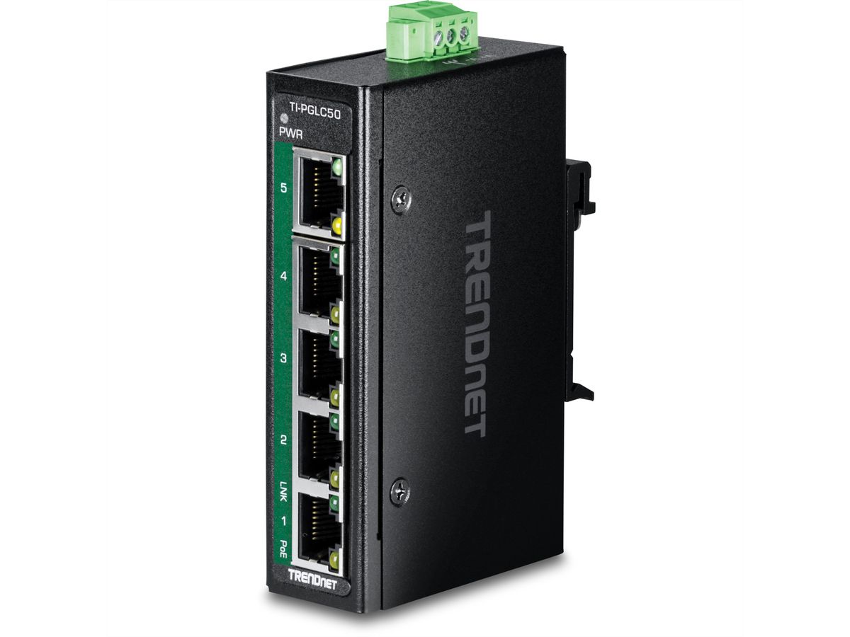 TRENDnet TI-PGLC50 5-Port Gigabit PoE+ Industrial DIN-Rail Mini Switch