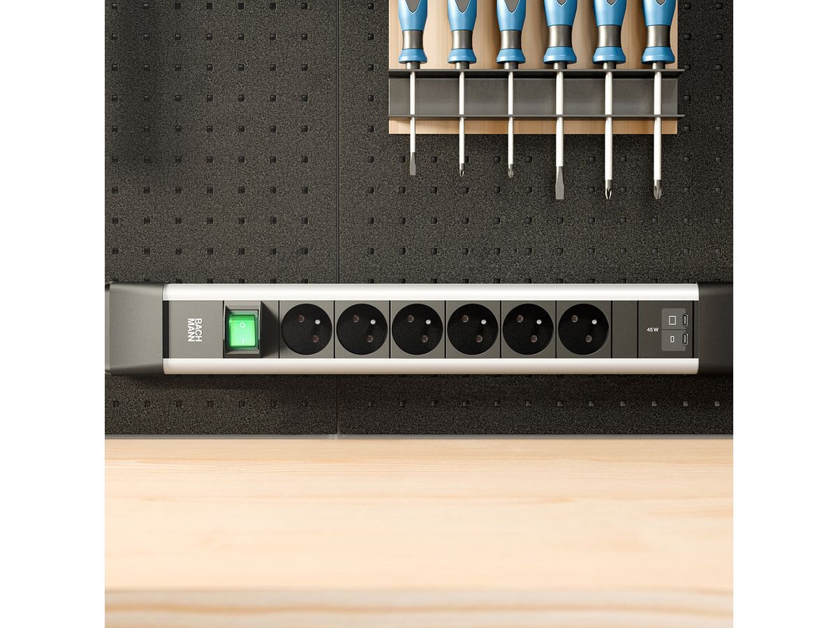 BACHMANN CONNECTUS 6xUTE 1xSchalter, 1xUSB C/C 45W L=2,0m CEE7/7 grau