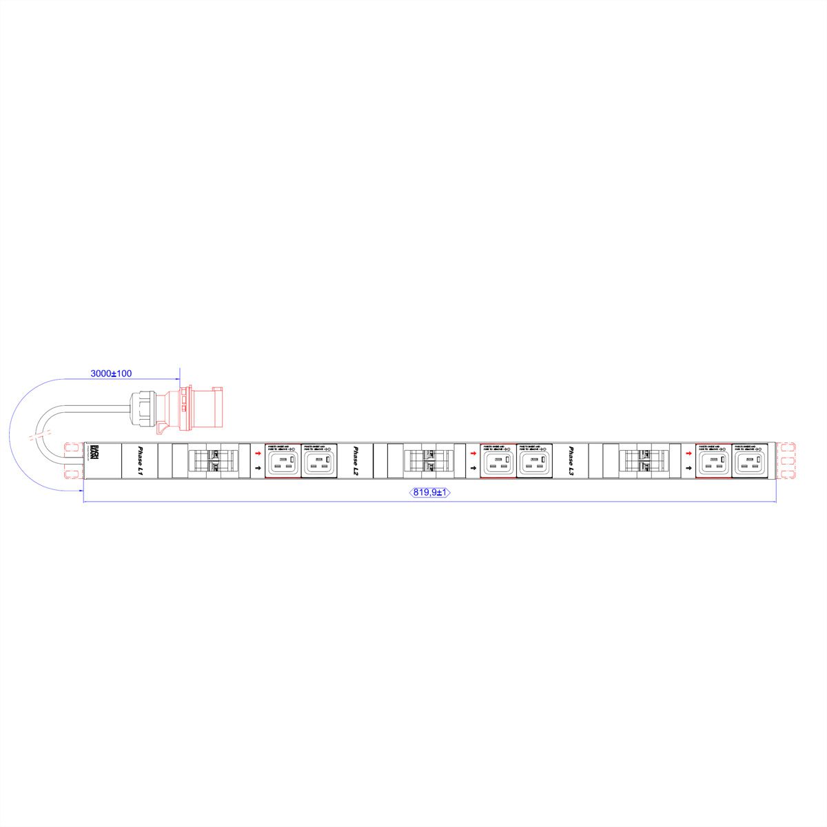 BACHMANN IT PDU ALU 0HE 6x C19 6x Leitungsschutzschalter CEE 3x32A rot