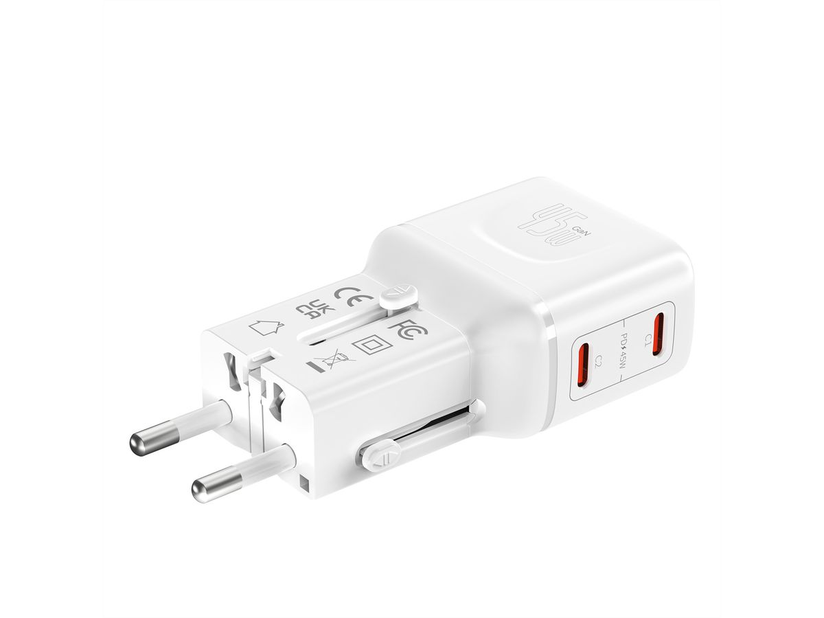 VALUE USB Reise-Charger mit Euro-Flach-/UK-/US-Stecker , 2x USB-C-Anschlüsse, 45 W