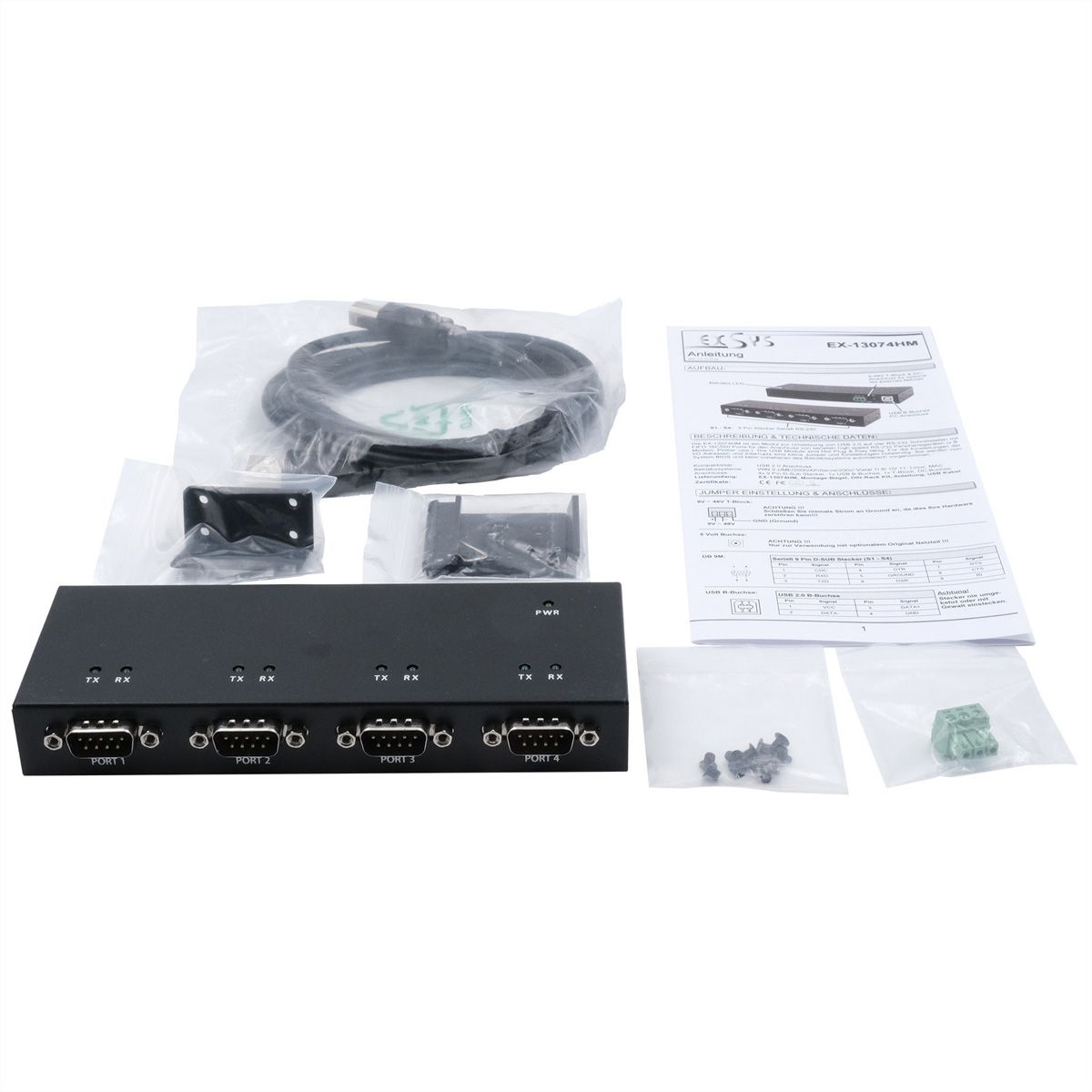 EXSYS EX-13074HM USB 2.0 zu 4 x Seriell RS-232 Ports Metallgehäuse FTDI Chip-Set