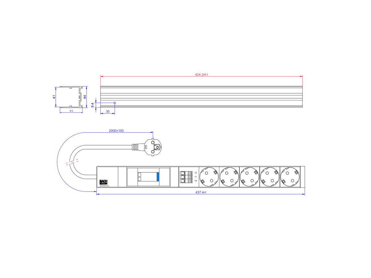 BACHMANN 19" 1HE 5xCEE7/3 1xSPD Citel, 2,0m H05VV-F 3G1,50mm schwarz