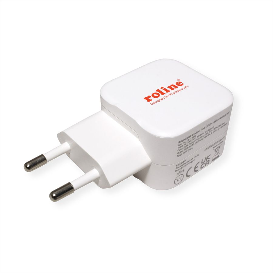 ROLINE USB Charger mit Euro-Stecker, 2 Port (Typ-A QC3.0, Typ-C PD), 20W
