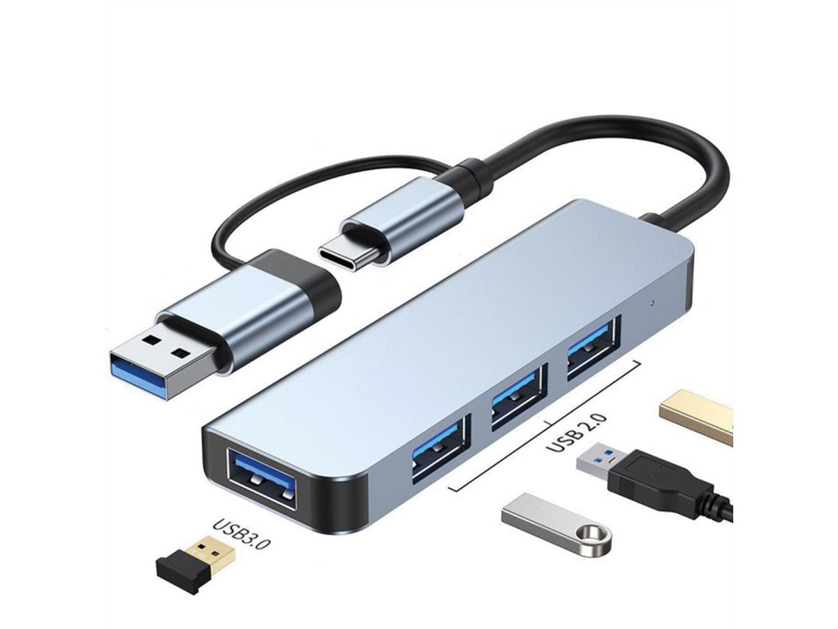 VALUE USB3.2 Gen1 Metall Hub, 4fach Typ A, (1x USB 3.2Gen1 + 3x USB 2.0), Typ A+C Anschlusskabel