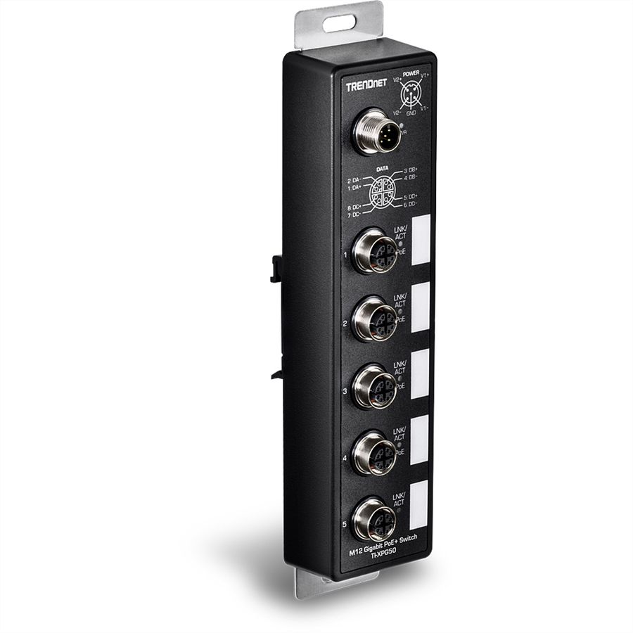 TRENDnet TI-XPG50 PoE+ Railway Switch, 5-Port Industrial EN50155 M12 Gigabit