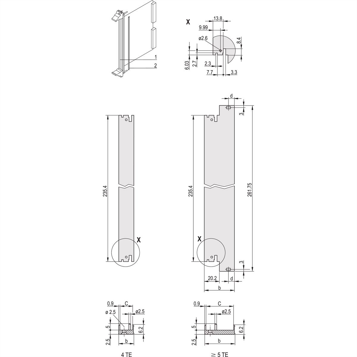 SCHROFF Frontprofil für IEEE-Griff, 3 HE mit 0,1" Versatz, geschirmt - FRONTPROFIL 3HE 10TE IEL OFF