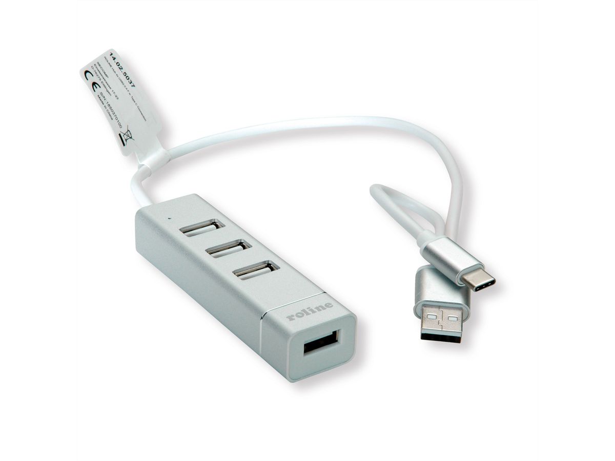 ROLINE USB 2.0 Notebook Hub, 4 Ports, Typ A+C Anschlusskabel