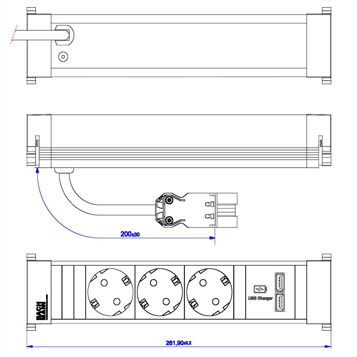 BACHMANN POWER FRAME Medium 3x Schutzkontakt 1xUSB Charger