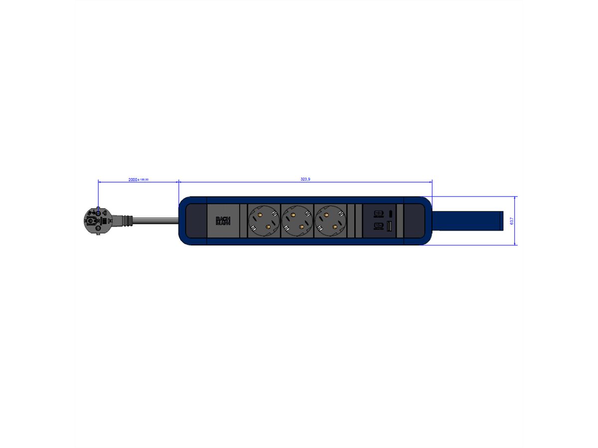 BACHMANN PRIMO 2 3xCEE7/3 1xUSB A/C 22W 2m CEE7/7 mit Schlaufe RAL5010