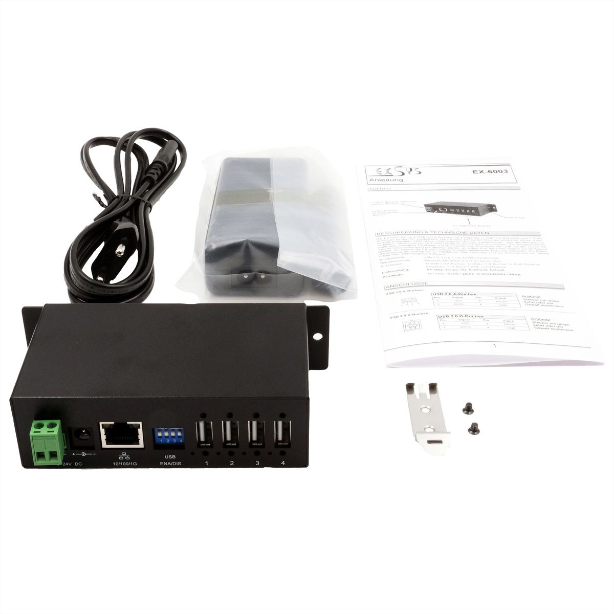 EXSYS EX-6003HMVS Device Server 4x USB 2.0, DIN-Rail-Kit, Metall-Gehäuse