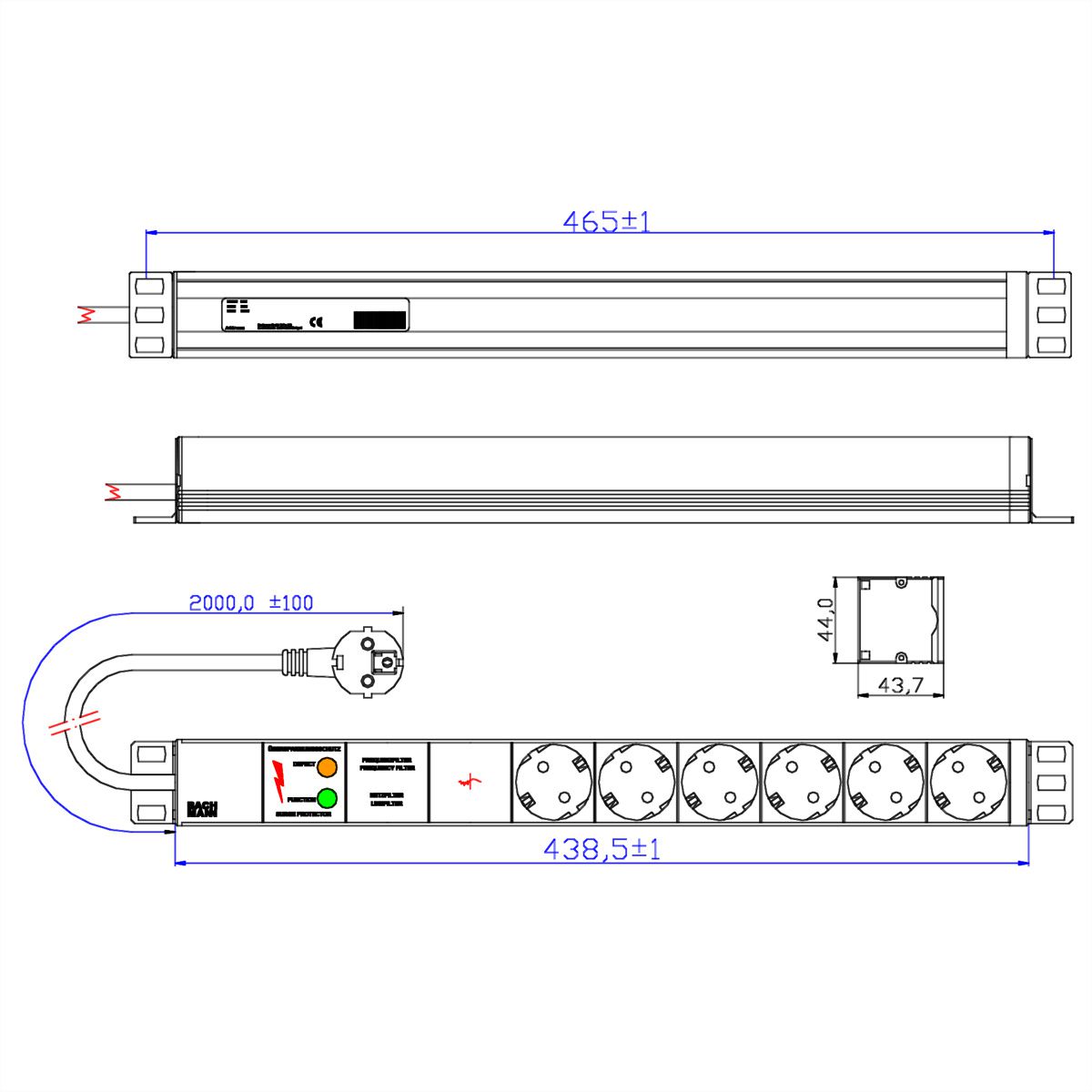 BACHMANN 19" Steckdosenleiste 6-fach mit GVS ohne Schalter