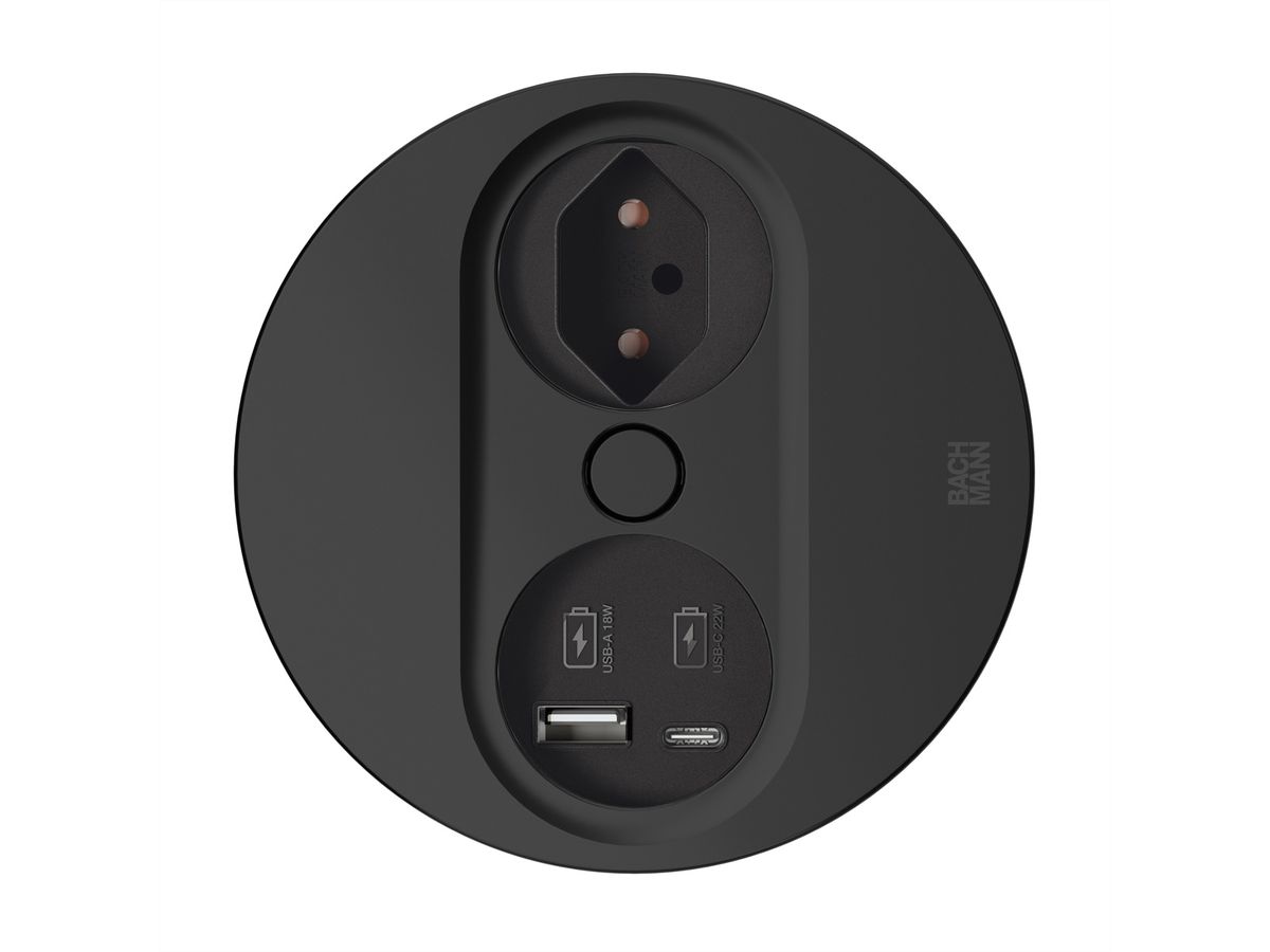 BACHMANN TWIST2 1xCH 1xUSB A/C 22W, L=2,0m T12 RAL9005 30GE rund